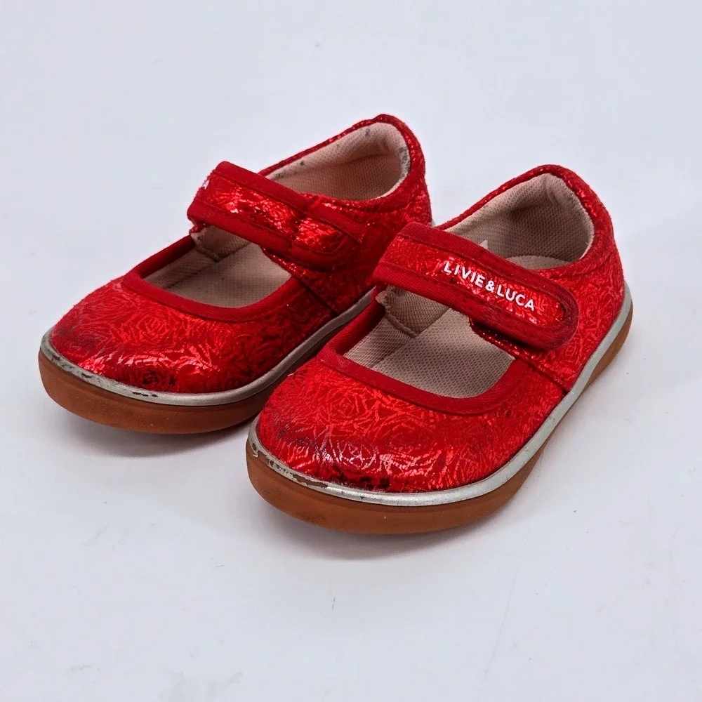 Livie Luca Toddler Girls 6 Red Metallic Foil Rose Mary Jane Shoes Festive Casual
